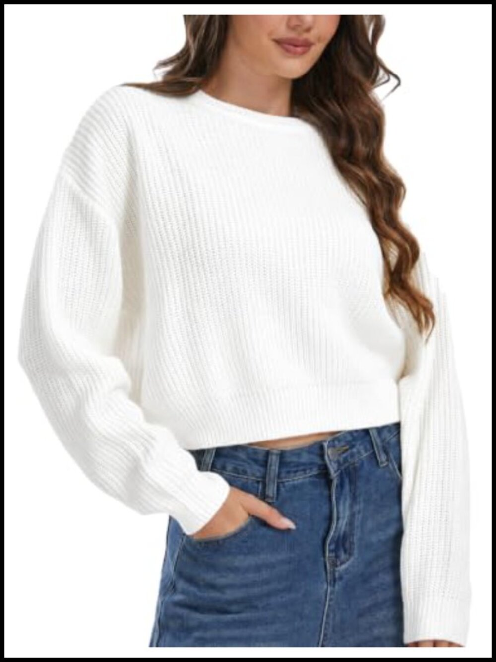 Cropped Ribbed Knit Sweater Crewneck Chunky Pullover Loose Fit Long Sleeve
